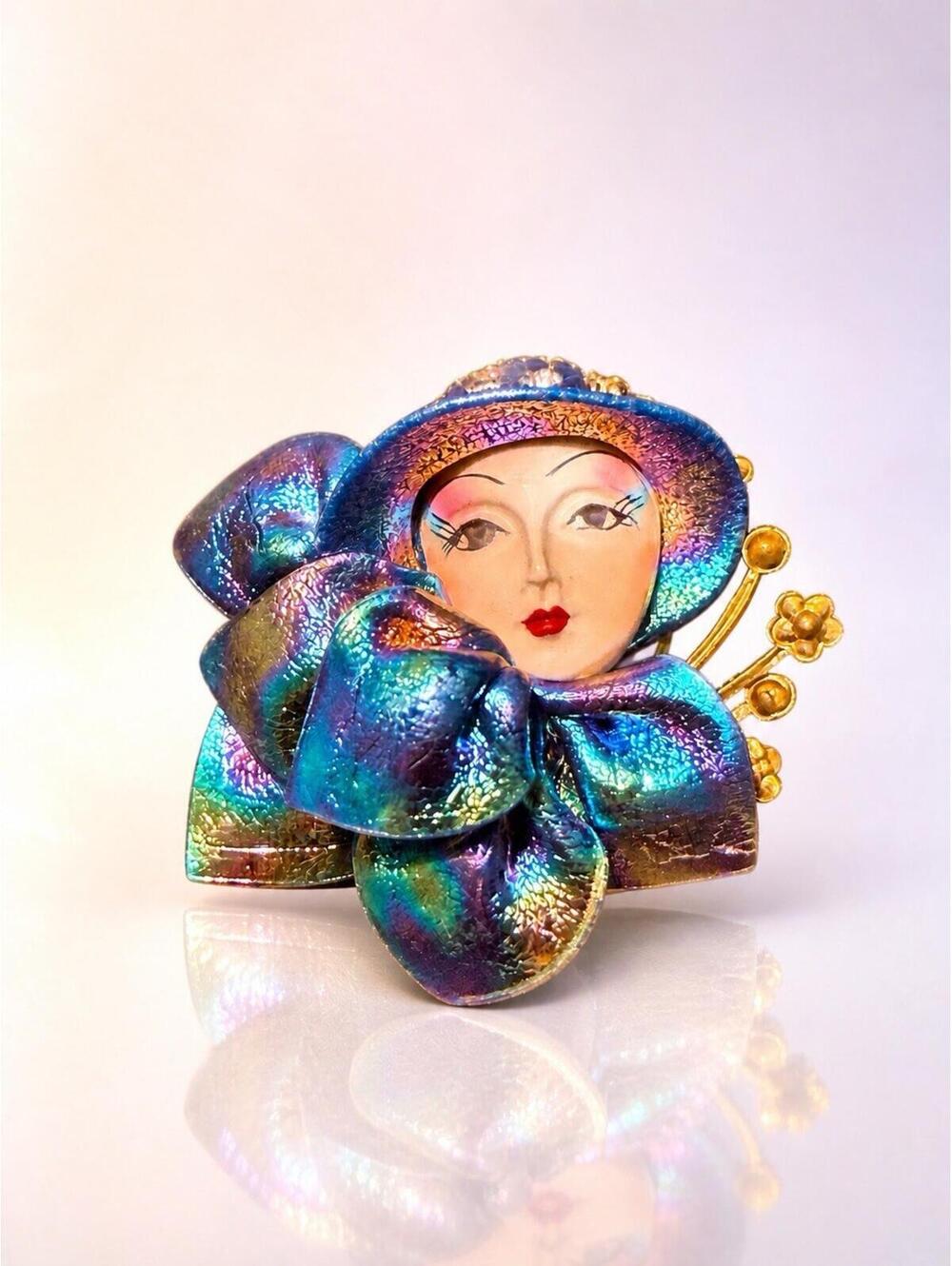 Vintage 1980s Art Deco Handmade Lady Face Iridescent Bow Brooch Pin, 2.5x2”